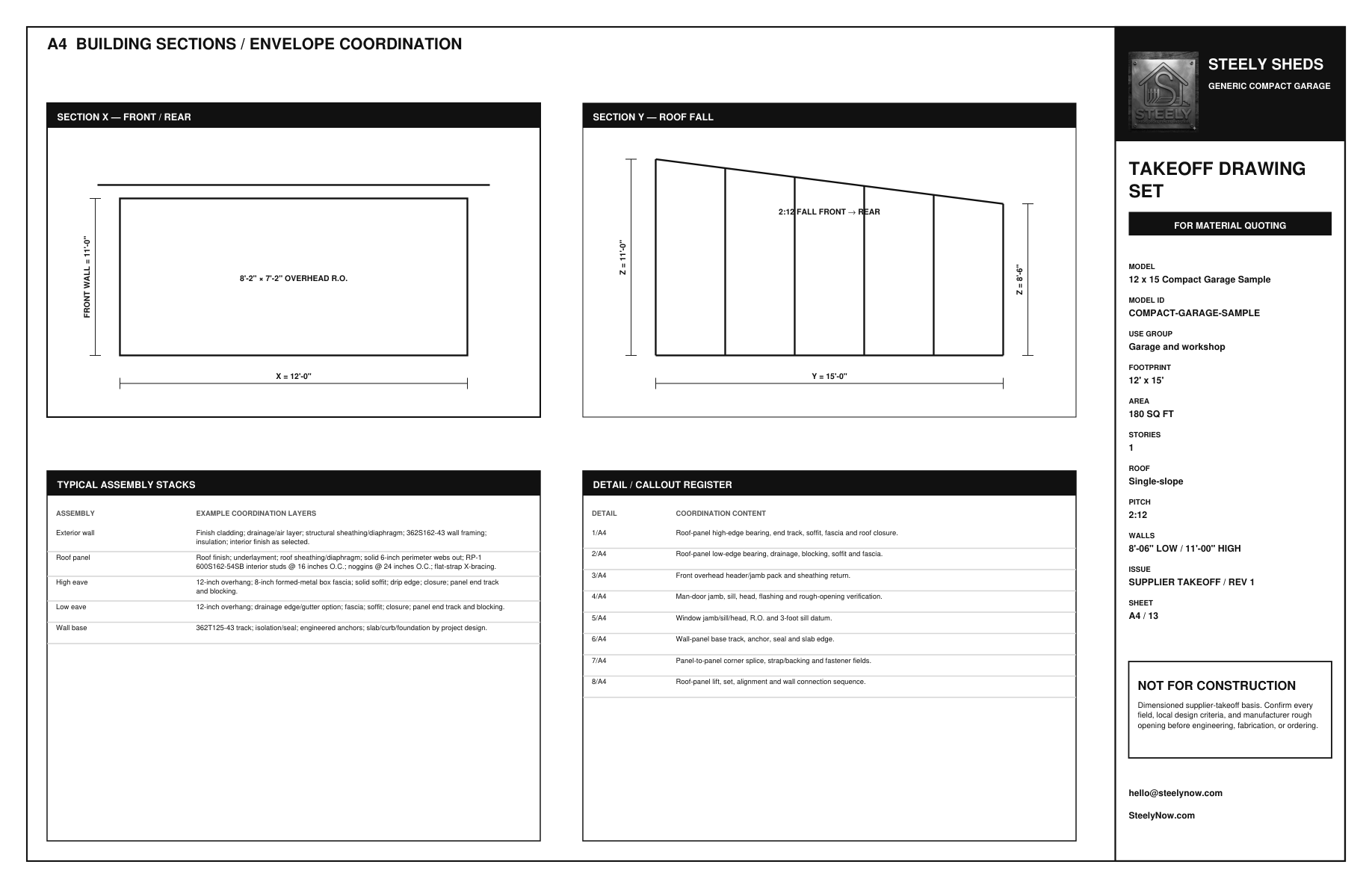 Dimensioned compact garage sections and opening details