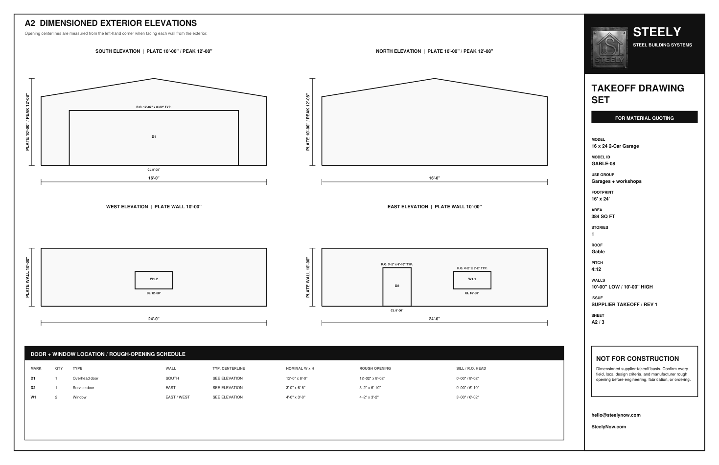 Page two of a Steely takeoff drawing set with all four exterior elevations and opening centerlines