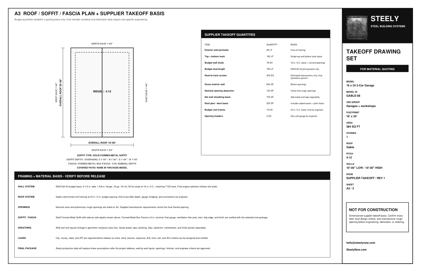Page three of a Steely takeoff drawing set with roof plan and preliminary framing quantities