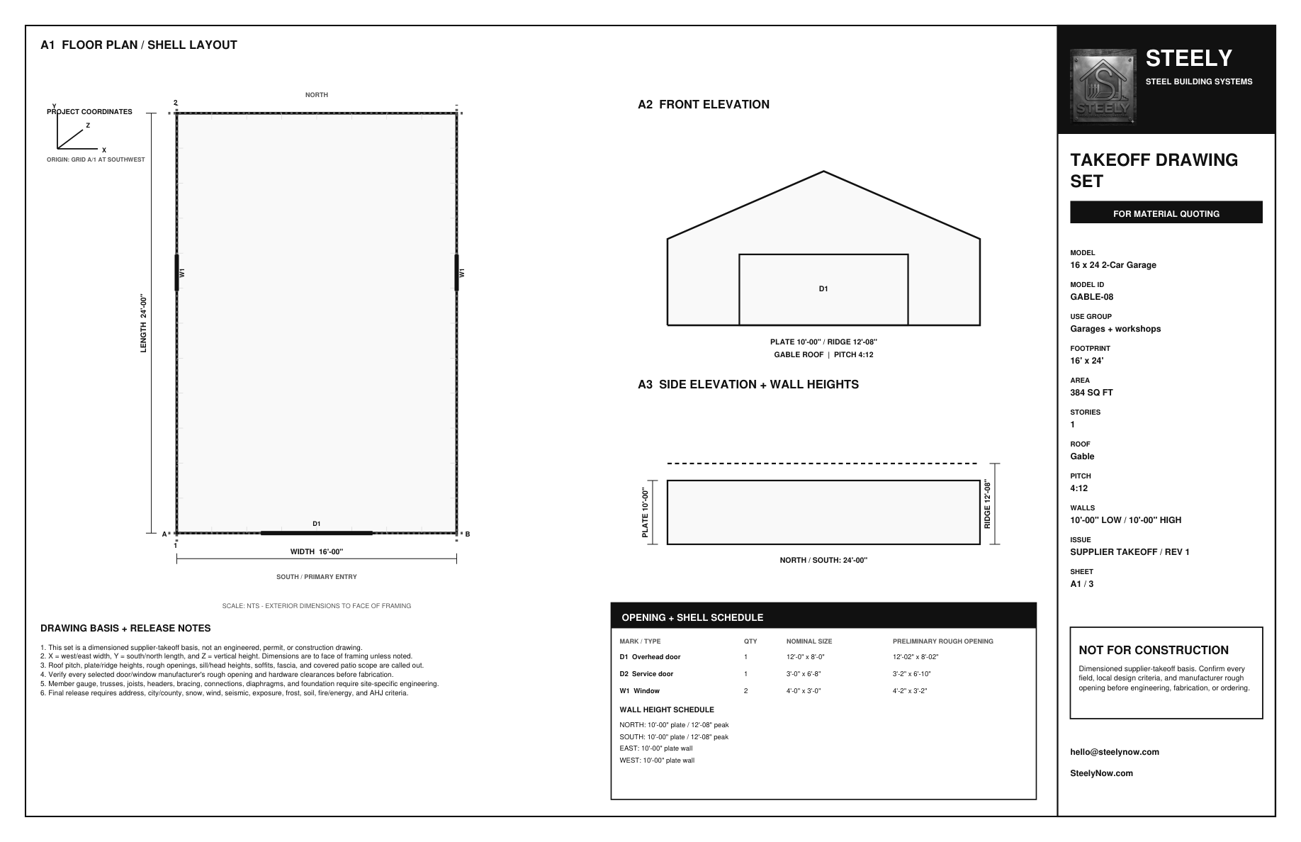 Page one of a Steely takeoff drawing set with a dimensioned floor plan, elevations, wall heights, and opening schedule