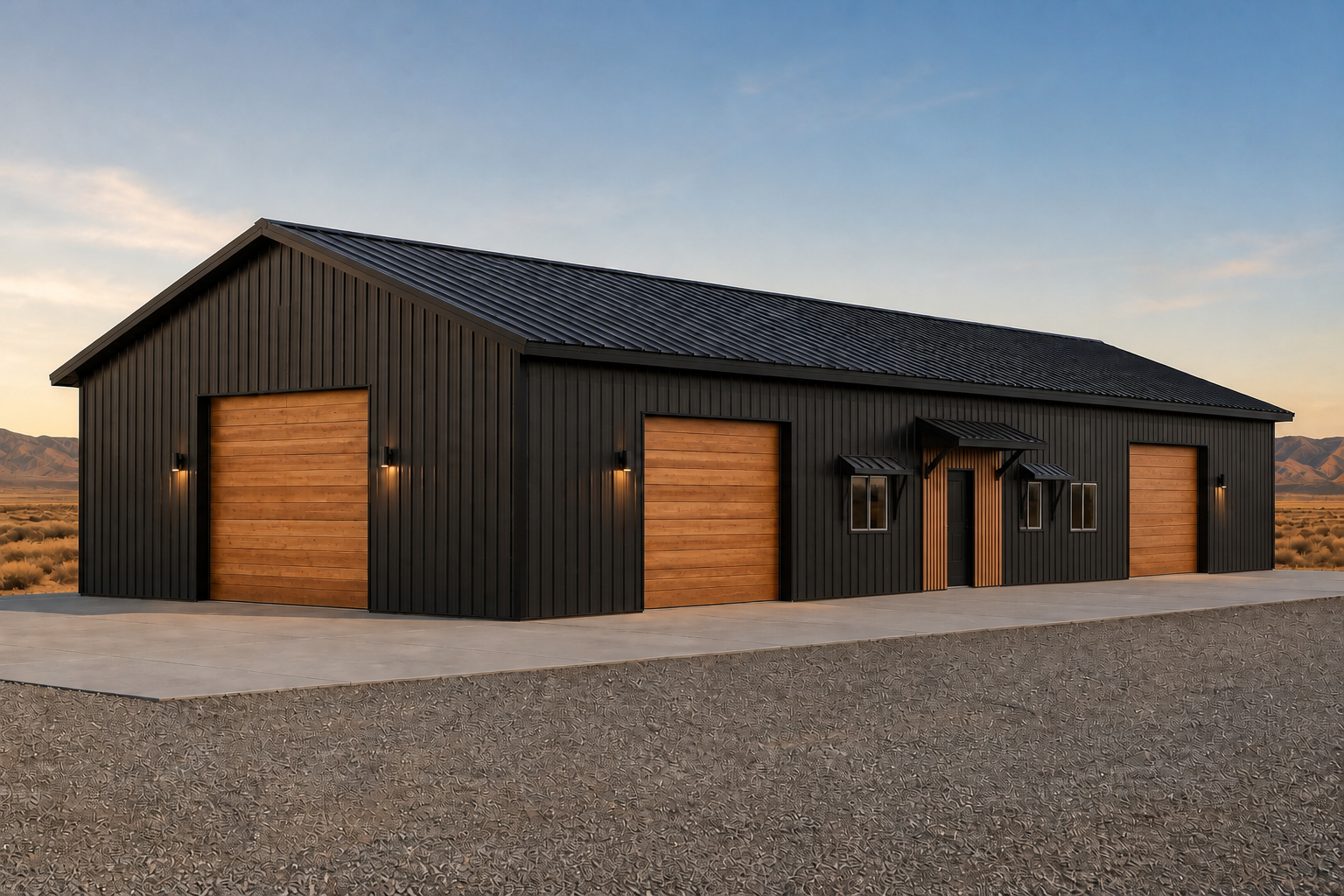 40 by 80 metal clear-span shop with three large overhead-door openings and person-door access