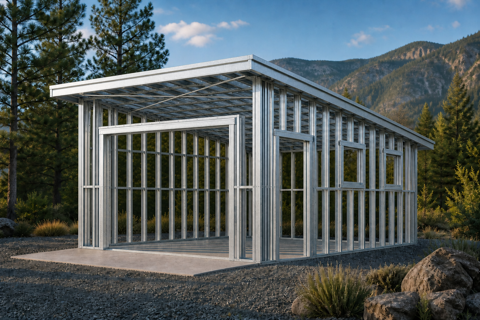 Compact one-bay galvanized steel 3D model screenshot
